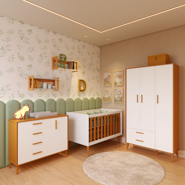 Quarto Completo Bebê Aline Branco Com Savana - Berço + Cômoda + Guarda-Roupa 3 Portas Quarto Completo Bebê Aline Branco Com Savana - Berço + Cômoda + Guarda-Roupa 3 Portas