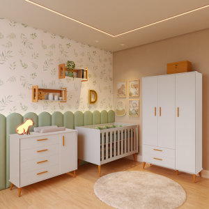 Quarto Completo Bebê Aline Areia - Berço + Cômoda + Guarda-Roupa 3 Portas