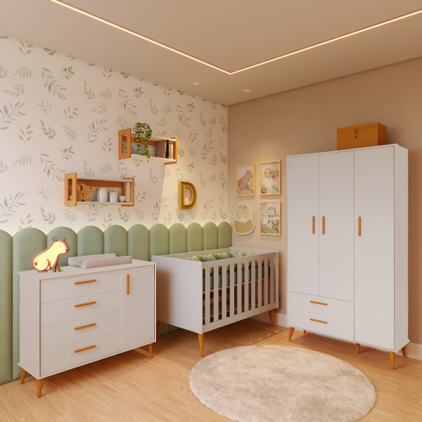 Quarto Completo Bebê Aline Areia - Berço + Cômoda + Guarda-Roupa 3 Portas