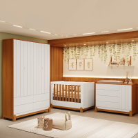 Quarto Completo Bebê Lótus Branco Com Savana - Berço + Cômoda + Guarda-Roupa 4 Portas