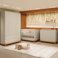 Quarto Completo Bebê Lótus Areia - Berço + Cômoda + Guarda-Roupa 4 Portas