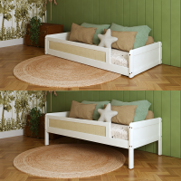 Cama Montessoriana Carneiros Branca – Madeira/Mdf com Grade de Proteção com Detalhe em Palha 197x95cm