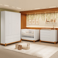 Quarto Completo Bebê Lótus Branco - Berço + Cômoda + Guarda-Roupa 4 Portas