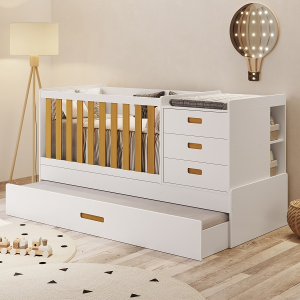 Berço Valentina Americano Multifuncional Com Cama Auxiliar Branco Fosco Com Savana