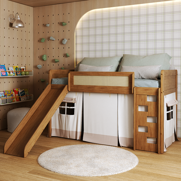 Cama Solteirão com Escorregador Carneiros Mel – Madeira/Mdf com Grade de Proteção com Detalhe em Palha 197x195cm