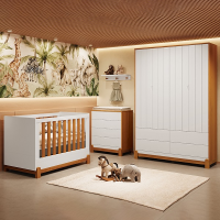 Quarto Completo Bebê Lótus Branco Com Savana - Berço + Cômoda Gaveteiro + Guarda-Roupa 4 Portas