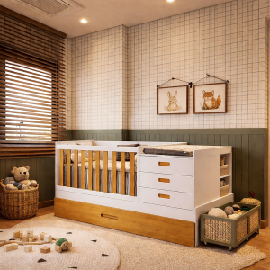 Berço Valentina Americano Multifuncional Com Cama Auxiliar Branco Fosco Com Savana