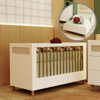 Berço Ollie Americano Vira Mini Cama Branco Fosco com Detalhe em Palha
