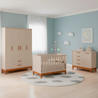 Quarto Completo Bebê Lipe Areia - Berço + Cômoda + Guarda-Roupa 4 Portas