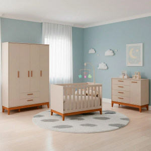 Quarto Completo Bebê Lipe Areia - Berço + Cômoda + Guarda-Roupa 4 Portas
