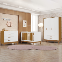 Quarto Completo Bebê Lipe Branco Com Savana - Berço + Cômoda + Guarda-Roupa 4 Portas