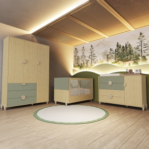 Quarto Completo Bebê Gracia Oliva Naturale  - Berço + Cômoda + Guarda-Roupa 3 Portas