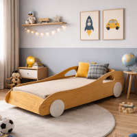 Cama Montessoriana Solteirão Carro Lumi Ábaco Amadeirada com Rodas Off White – MDF 209x97cm
