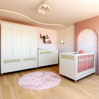 Quarto Completo Bebê Ollie Branco Fosco - Berço + Cômoda + Guarda-Roupa 4 Portas