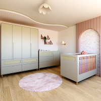 Quarto Completo Bebê Ollie Areia Fosco - Berço + Cômoda + Guarda-Roupa 4 Portas