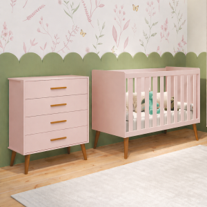 Berço Aline Americano + Cômoda Gaveteira Rosa Fosco